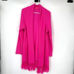 LILLY PULITZER Tatum Open Front Cardigan Fringe Boho Classic Hot Pink Size XL